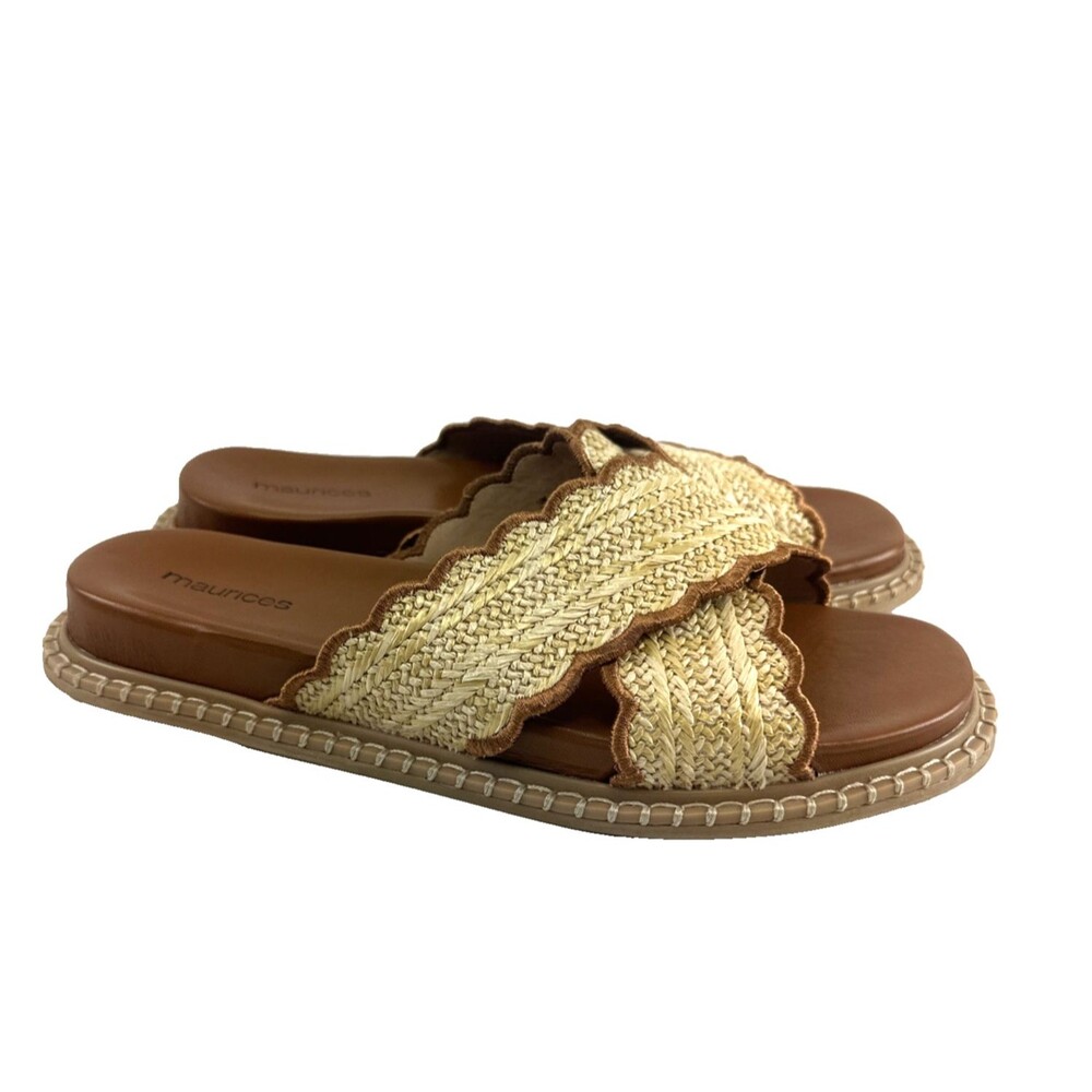 Maurices‎ Chelsea Crossband Sandal Straw Brown Slide Slip On Scalloped Womens 10